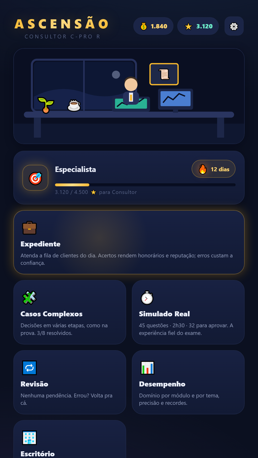 Tela inicial do jogo ASCENSÃO: escritório do consultor com mesa, monitor e planta, cargo Especialista com barra de progresso e modos Expediente, Casos Complexos e Simulado Real